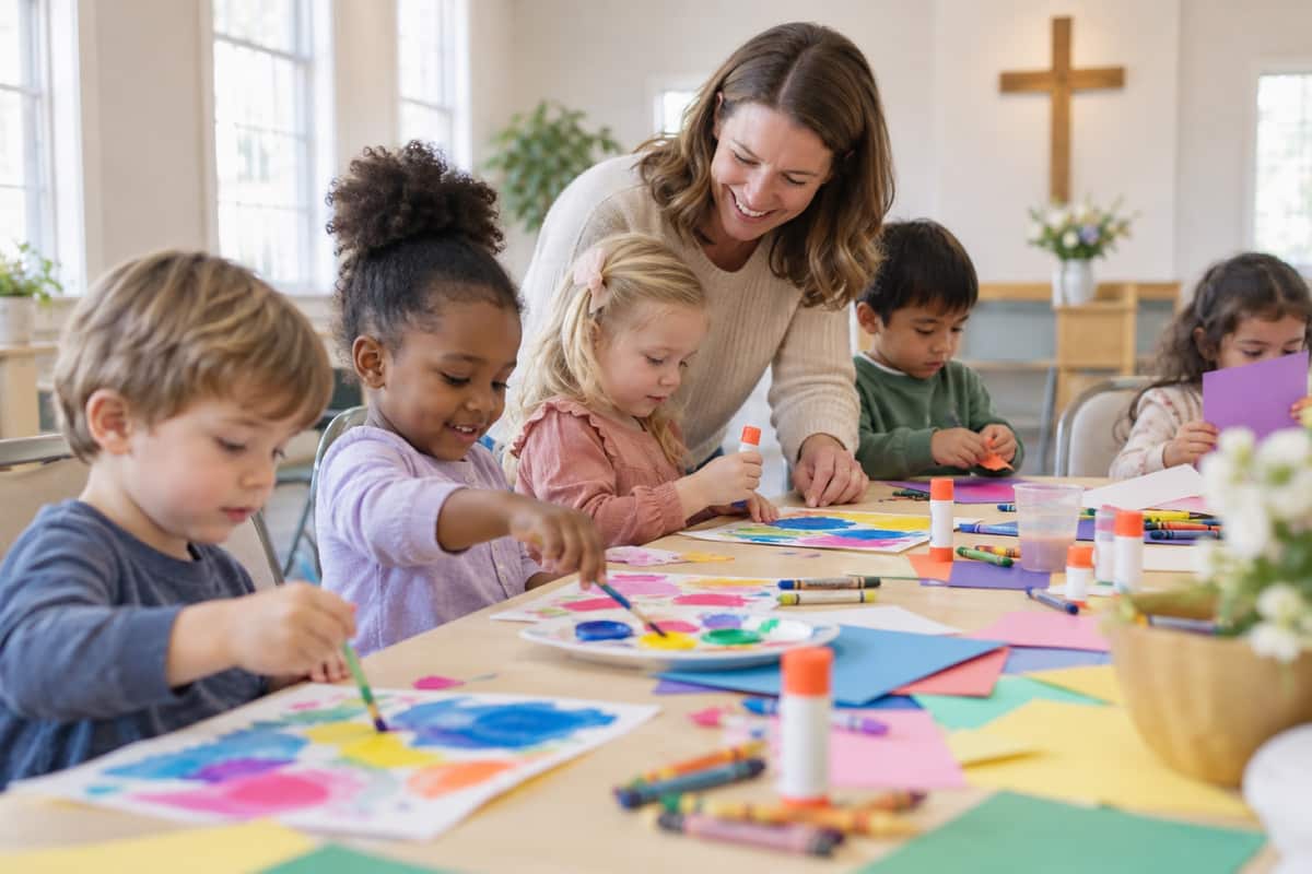 A volunteer smiling with young children at a craft table