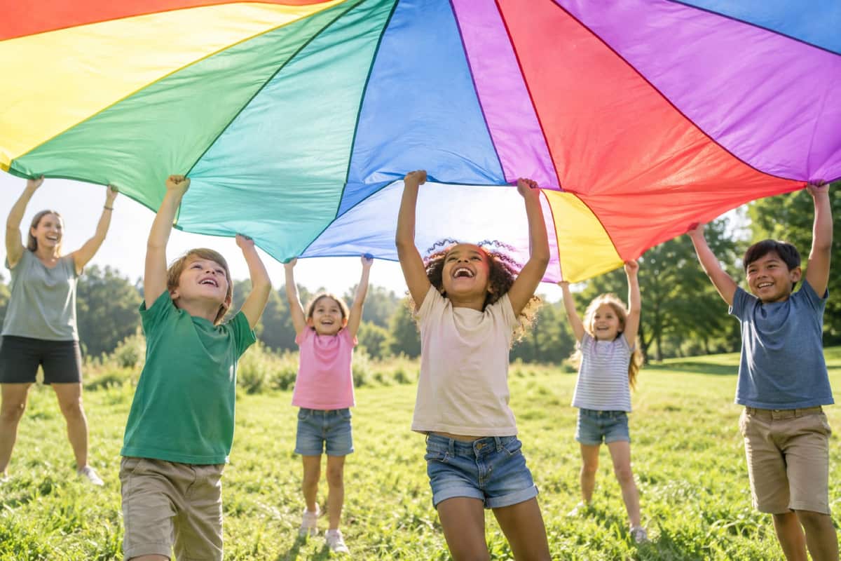 Kids playing with a rainbow parachute at Awana